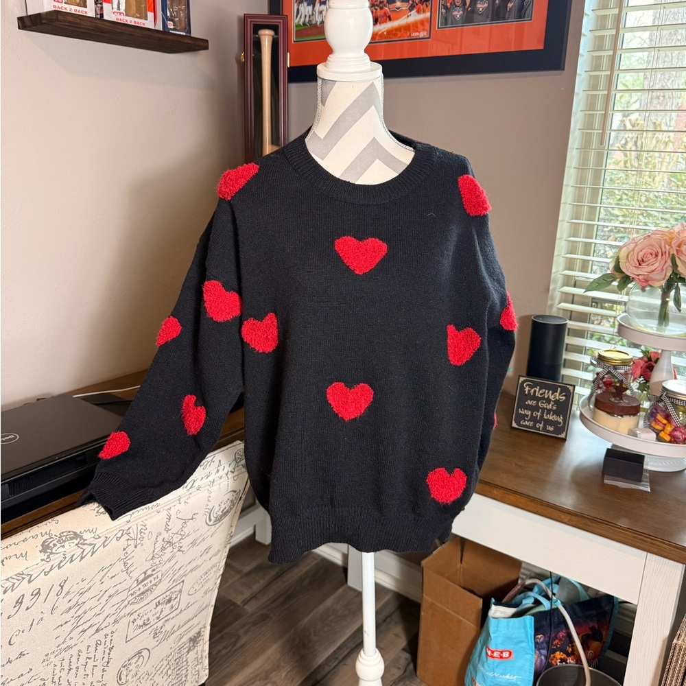 Red and Black Crew Neck Sweater with Heart Pattern